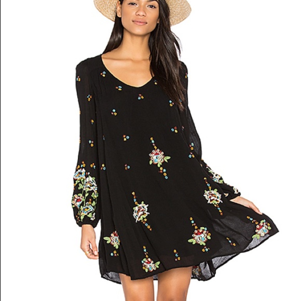 Free People Oxford Black Embroidered Swing Dress